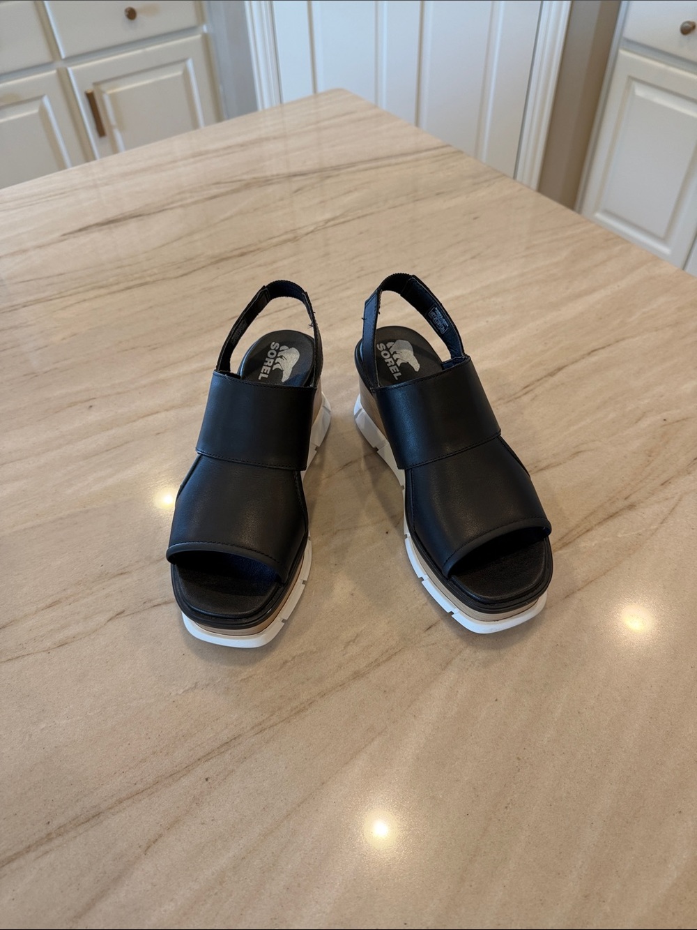 Sorel Black Leather Platform Slingback Sandals with White Sole